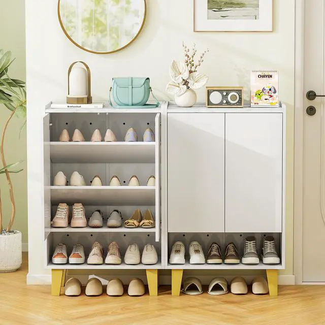Alt view image 6 of 7 - SlickBlue 5-Tier Shoe Cabinet with Faux Marble Countertop and Flat Tilting Shelves-White