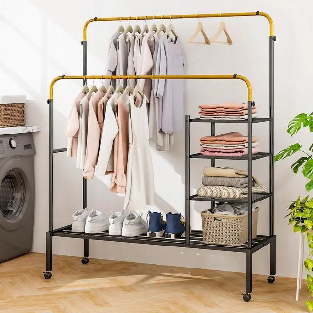 Alt view image 2 of 7 - SlickBlue Rolling Double Rods Garment Rack with Height Adjustable Hanging Bars