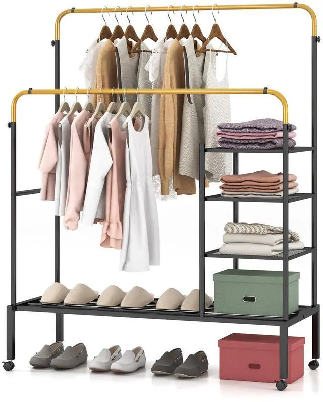 Alt view image 4 of 7 - SlickBlue Rolling Double Rods Garment Rack with Height Adjustable Hanging Bars