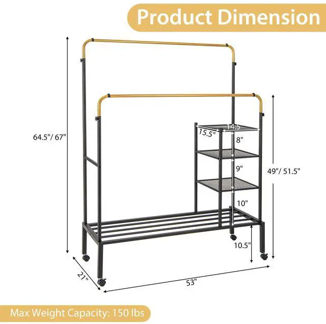 Alt view image 5 of 7 - SlickBlue Rolling Double Rods Garment Rack with Height Adjustable Hanging Bars