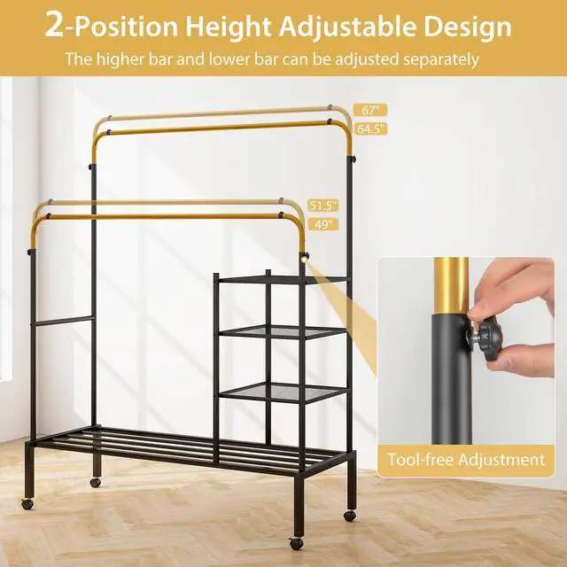 Alt view image 6 of 7 - SlickBlue Rolling Double Rods Garment Rack with Height Adjustable Hanging Bars