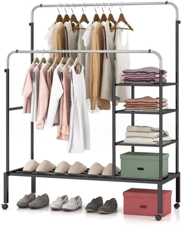 Alt view image 4 of 7 - SlickBlue Rolling Double Rods Garment Rack with Height Adjustable Hanging Bars