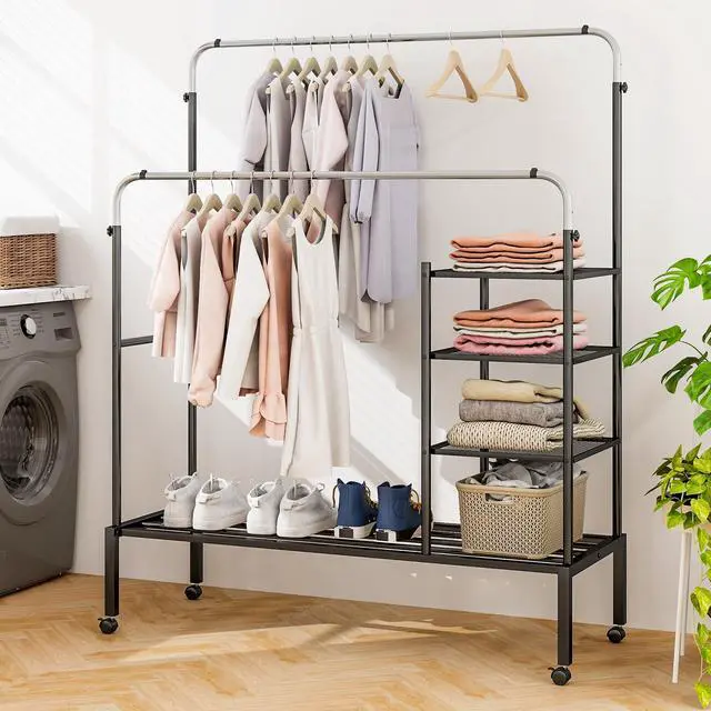 Alt view image 2 of 7 - SlickBlue Rolling Double Rods Garment Rack with Height Adjustable Hanging Bars