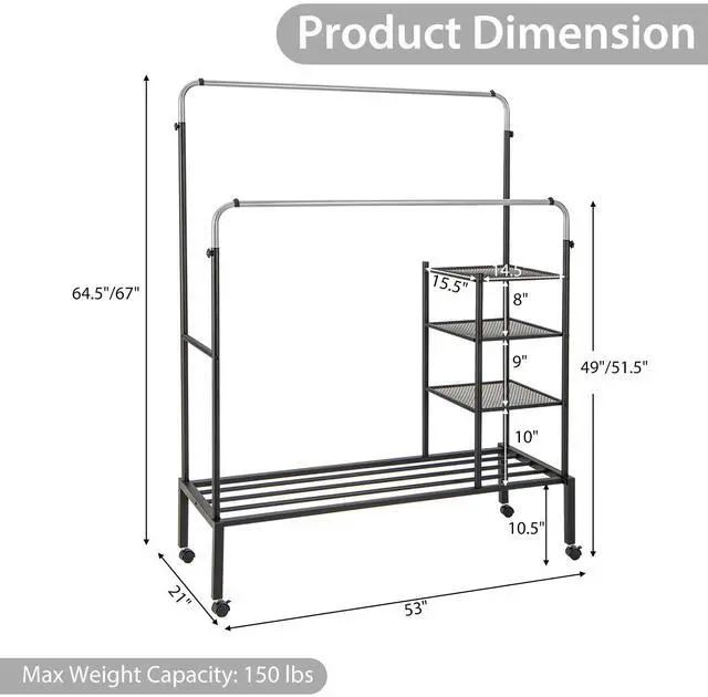 Alt view image 5 of 7 - SlickBlue Rolling Double Rods Garment Rack with Height Adjustable Hanging Bars