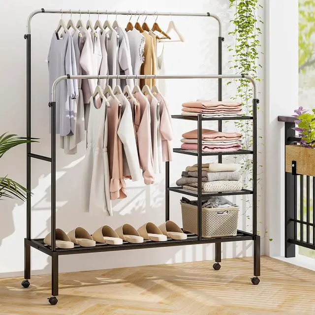 Alt view image 3 of 7 - SlickBlue Rolling Double Rods Garment Rack with Height Adjustable Hanging Bars