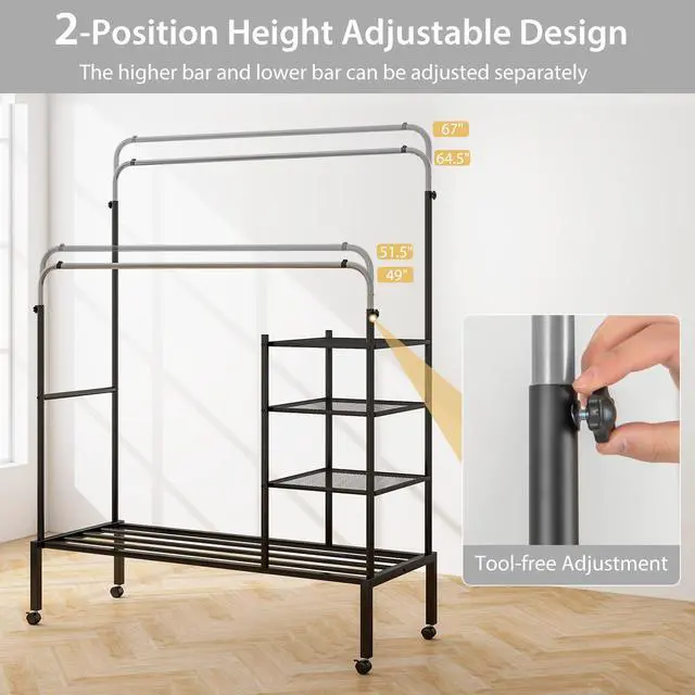Alt view image 6 of 7 - SlickBlue Rolling Double Rods Garment Rack with Height Adjustable Hanging Bars