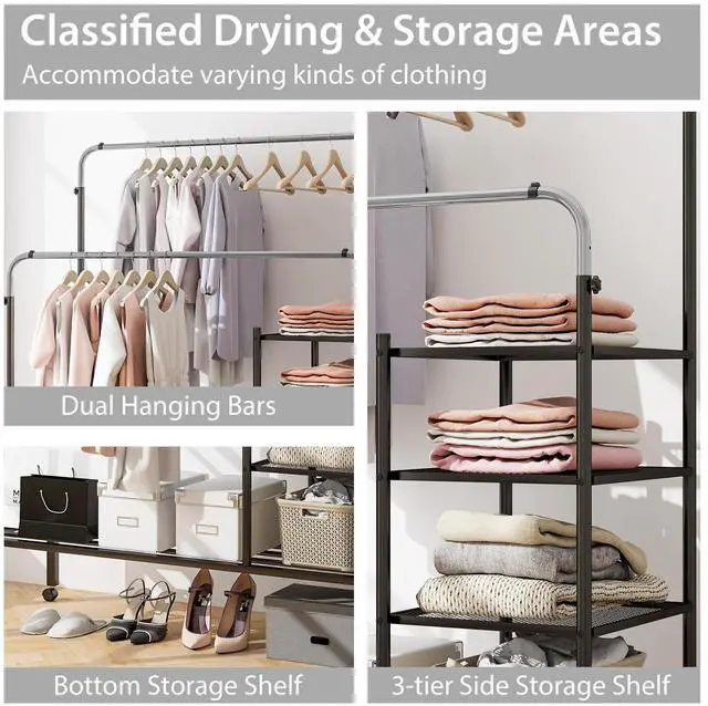 Alt view image 7 of 7 - SlickBlue Rolling Double Rods Garment Rack with Height Adjustable Hanging Bars