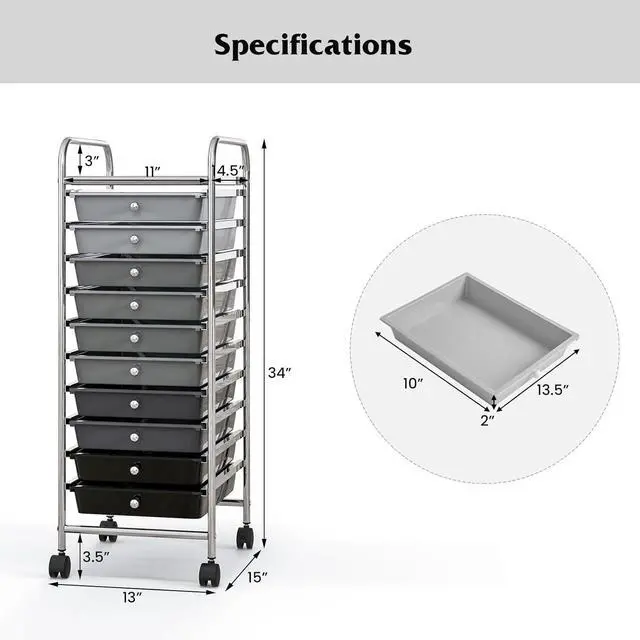 Alt view image 5 of 7 - SlickBlue 10 Drawer Rolling Storage Cart Organizer with 4 Universal Casters-Gradient Gray