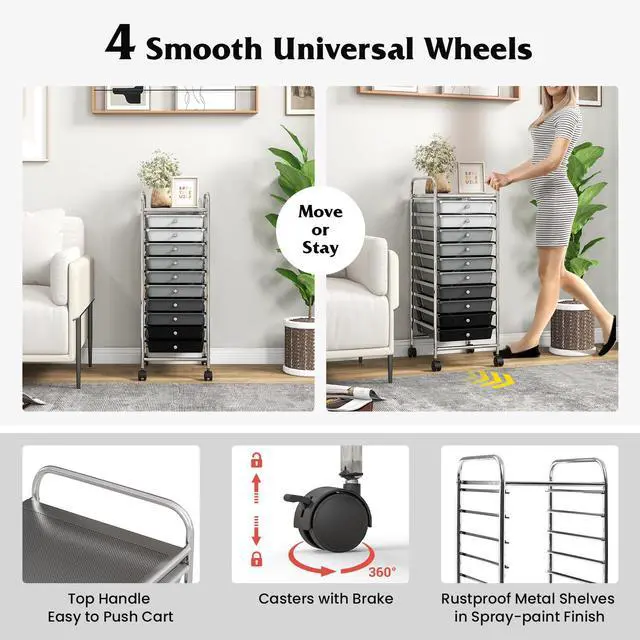 Alt view image 7 of 7 - SlickBlue 10 Drawer Rolling Storage Cart Organizer with 4 Universal Casters-Gradient Gray