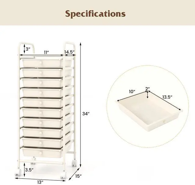 Alt view image 5 of 7 - SlickBlue 10 Drawer Rolling Storage Cart Organizer with 4 Universal Casters-White