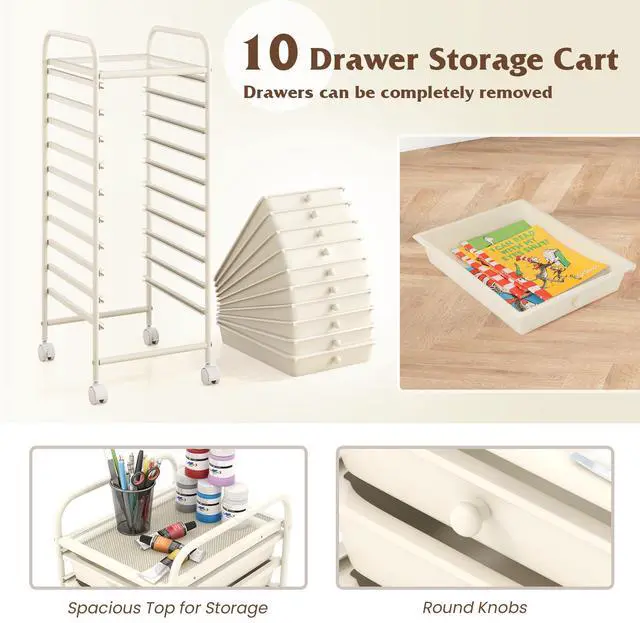 Alt view image 7 of 7 - SlickBlue 10 Drawer Rolling Storage Cart Organizer with 4 Universal Casters-White