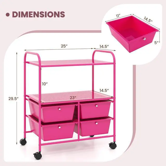 Alt view image 5 of 7 - SlickBlue 4 Drawers Shelves Rolling Storage Cart Rack-Hot Pink