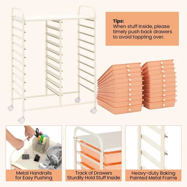 Alt view image 7 of 7 - SlickBlue 20 Drawers Rolling Storage Cart Studio Organizer-Peach