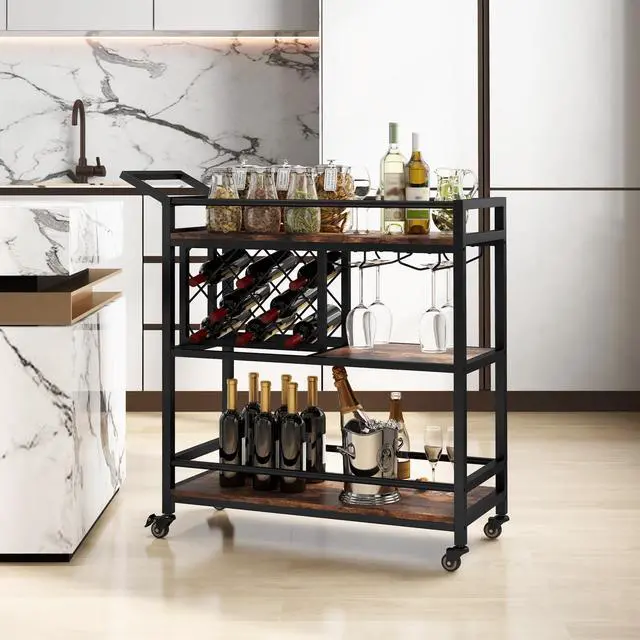 Alt view image 2 of 7 - SlickBlue 3-tier Bar Cart on Wheels Home Kitchen Serving Cart with Wine Rack and Glasses Holder