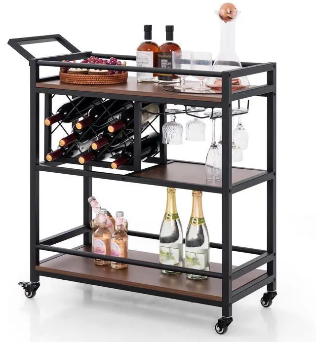 Main image of SlickBlue 3-tier Bar Cart on Wheels Home Kitchen Serving Cart with Wine Rack and Glasses Holder
