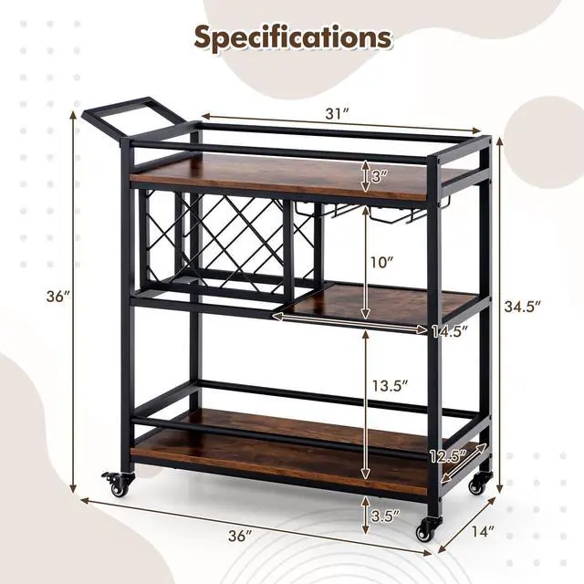 Alt view image 5 of 7 - SlickBlue 3-tier Bar Cart on Wheels Home Kitchen Serving Cart with Wine Rack and Glasses Holder