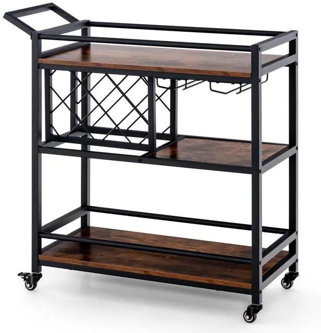 Alt view image 4 of 7 - SlickBlue 3-tier Bar Cart on Wheels Home Kitchen Serving Cart with Wine Rack and Glasses Holder