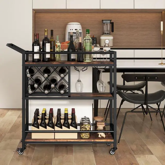 Alt view image 6 of 7 - SlickBlue 3-tier Bar Cart on Wheels Home Kitchen Serving Cart with Wine Rack and Glasses Holder