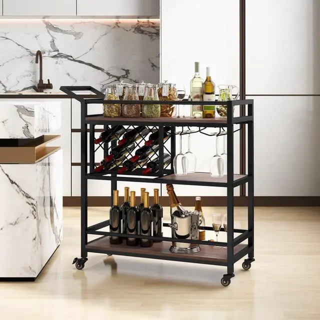 Alt view image 2 of 7 - SlickBlue 3-tier Bar Cart on Wheels Home Kitchen Serving Cart with Wine Rack and Glasses Holder