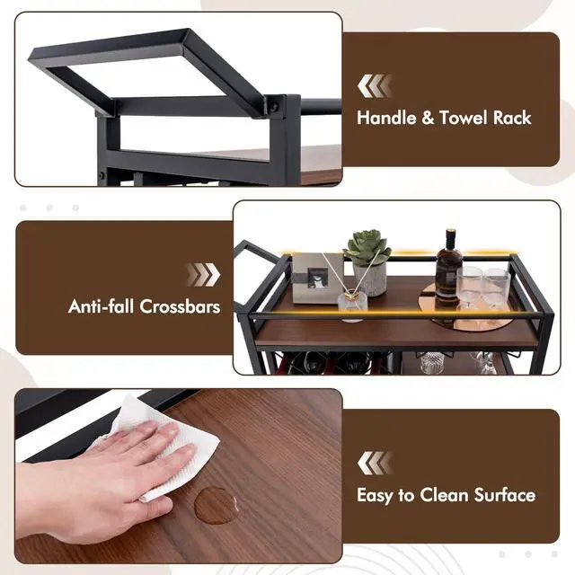 Alt view image 7 of 7 - SlickBlue 3-tier Bar Cart on Wheels Home Kitchen Serving Cart with Wine Rack and Glasses Holder