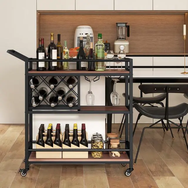 Alt view image 6 of 7 - SlickBlue 3-tier Bar Cart on Wheels Home Kitchen Serving Cart with Wine Rack and Glasses Holder