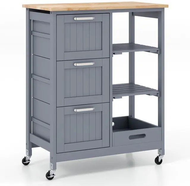 Main image of SlickBlue Kitchen Island Cart on Wheels with Rubber Wood Top and 3 Drawersand Removable Tray-Gray