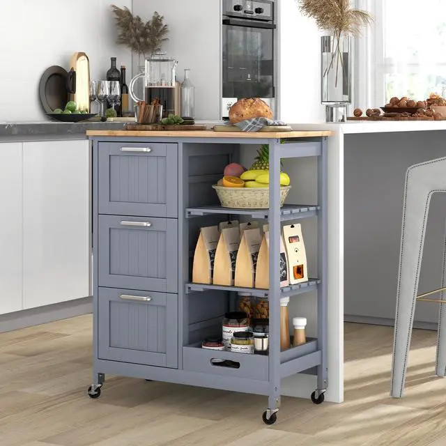 Alt view image 2 of 7 - SlickBlue Kitchen Island Cart on Wheels with Rubber Wood Top and 3 Drawersand Removable Tray-Gray