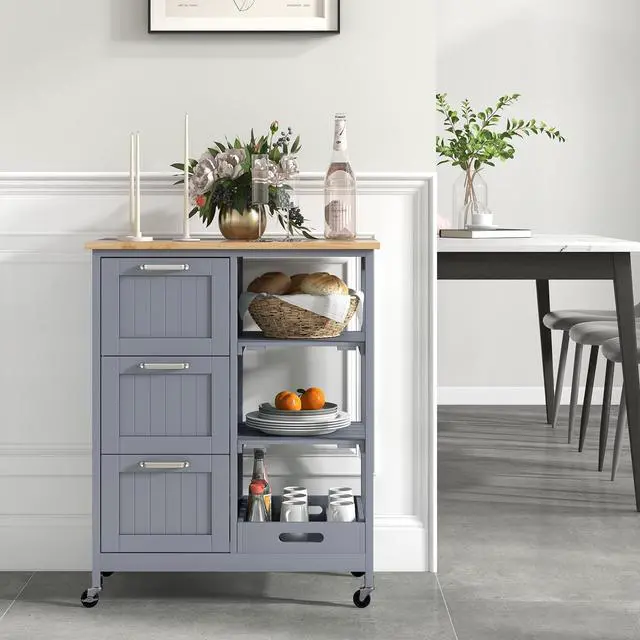 Alt view image 3 of 7 - SlickBlue Kitchen Island Cart on Wheels with Rubber Wood Top and 3 Drawersand Removable Tray-Gray
