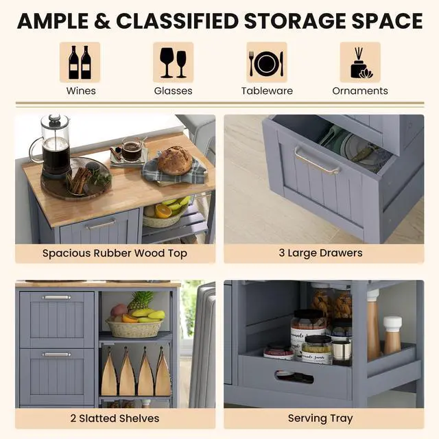 Alt view image 7 of 7 - SlickBlue Kitchen Island Cart on Wheels with Rubber Wood Top and 3 Drawersand Removable Tray-Gray
