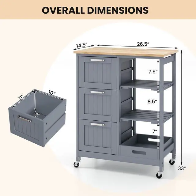 Alt view image 5 of 7 - SlickBlue Kitchen Island Cart on Wheels with Rubber Wood Top and 3 Drawersand Removable Tray-Gray