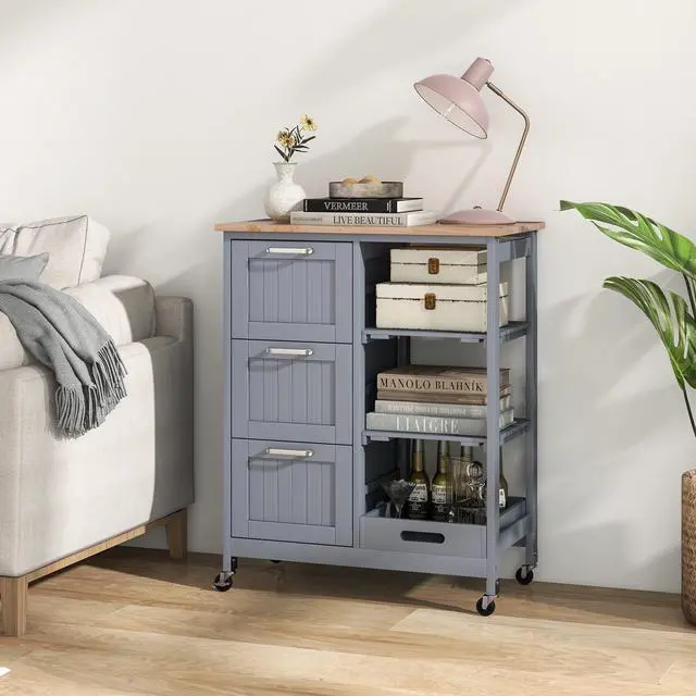 Alt view image 6 of 7 - SlickBlue Kitchen Island Cart on Wheels with Rubber Wood Top and 3 Drawersand Removable Tray-Gray