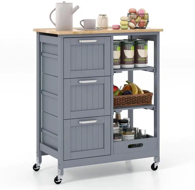 Alt view image 4 of 7 - SlickBlue Kitchen Island Cart on Wheels with Rubber Wood Top and 3 Drawersand Removable Tray-Gray