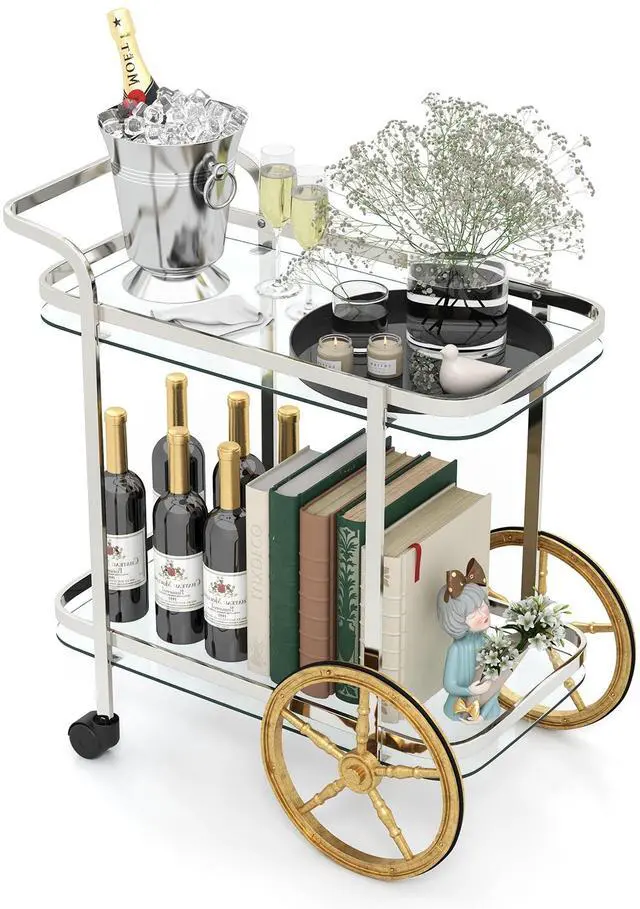 Alt view image 4 of 7 - SlickBlue 2-Tier Tempered Glass Bar Cart with 2 Large Aluminum Wheels and 2 Rolling Casters