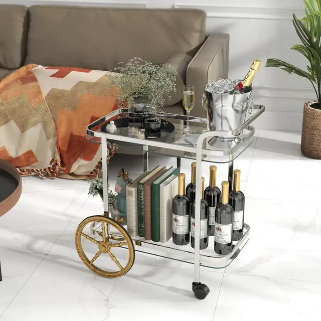 Alt view image 3 of 7 - SlickBlue 2-Tier Tempered Glass Bar Cart with 2 Large Aluminum Wheels and 2 Rolling Casters