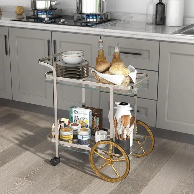 Alt view image 2 of 7 - SlickBlue 2-Tier Tempered Glass Bar Cart with 2 Large Aluminum Wheels and 2 Rolling Casters