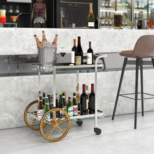 Alt view image 6 of 7 - SlickBlue 2-Tier Tempered Glass Bar Cart with 2 Large Aluminum Wheels and 2 Rolling Casters