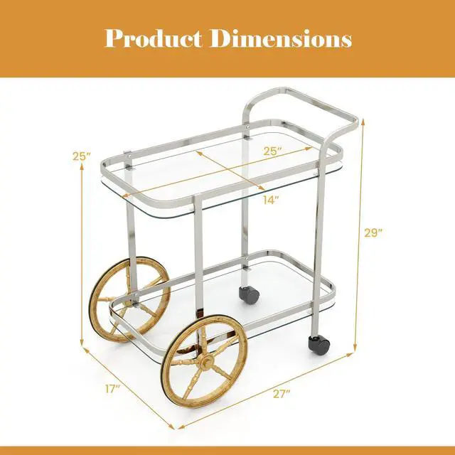 Alt view image 5 of 7 - SlickBlue 2-Tier Tempered Glass Bar Cart with 2 Large Aluminum Wheels and 2 Rolling Casters