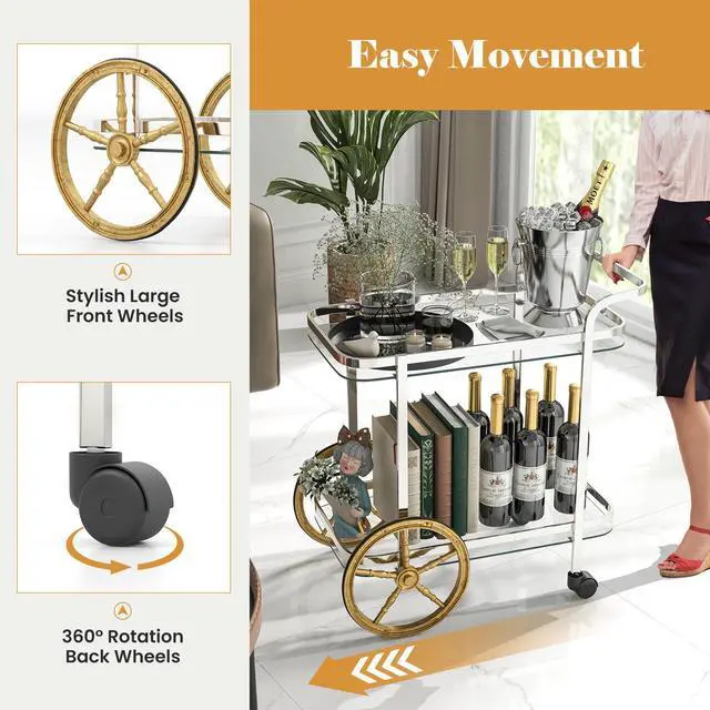 Alt view image 7 of 7 - SlickBlue 2-Tier Tempered Glass Bar Cart with 2 Large Aluminum Wheels and 2 Rolling Casters
