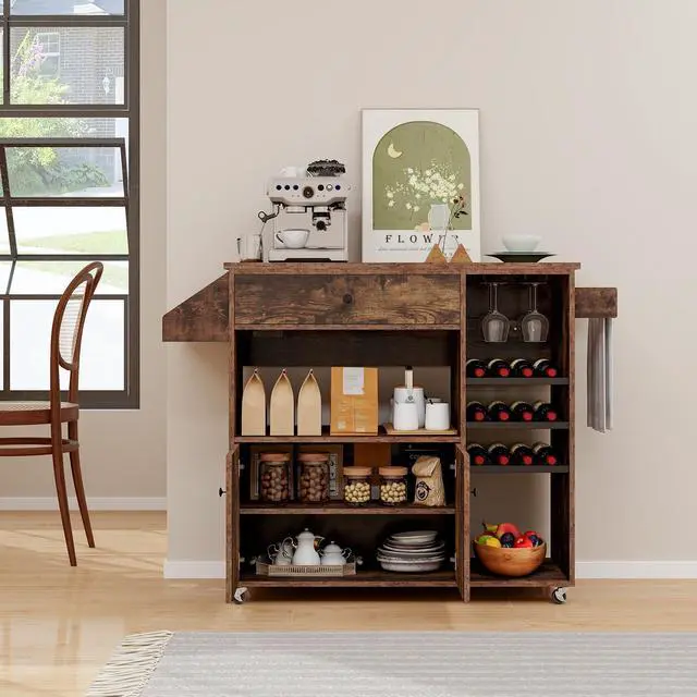 Alt view image 3 of 7 - SlickBlue Drop Leaf Mobile Kitchen Island Cart with Power Outlet and Adjustable Shelf