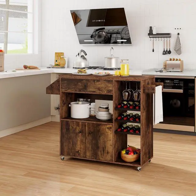Alt view image 2 of 7 - SlickBlue Drop Leaf Mobile Kitchen Island Cart with Power Outlet and Adjustable Shelf