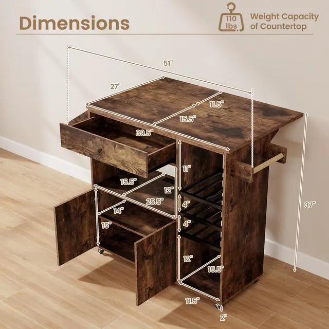Alt view image 5 of 7 - SlickBlue Drop Leaf Mobile Kitchen Island Cart with Power Outlet and Adjustable Shelf