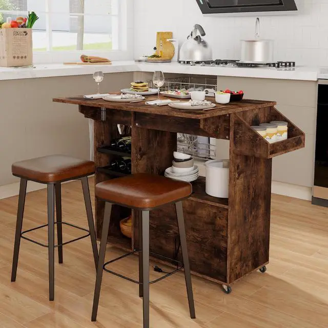 Alt view image 6 of 7 - SlickBlue Drop Leaf Mobile Kitchen Island Cart with Power Outlet and Adjustable Shelf