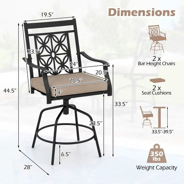 Alt view image 4 of 7 - SlickBlue Outdoor Swivel Bar Stools Set of 2 with Seat Cushions-Brown