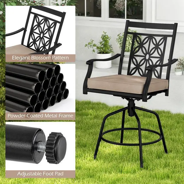 Alt view image 6 of 7 - SlickBlue Outdoor Swivel Bar Stools Set of 2 with Seat Cushions-Brown
