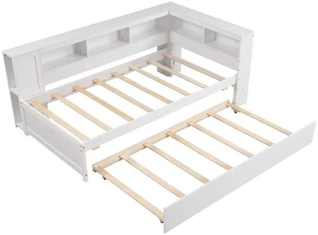 Main image of SlickBlue Twin Size Daybed Platform Bed Frame with Trundle and Bedside Shelves-White