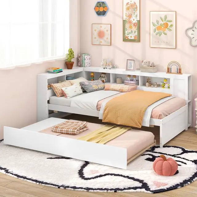 Alt view image 2 of 7 - SlickBlue Twin Size Daybed Platform Bed Frame with Trundle and Bedside Shelves-White