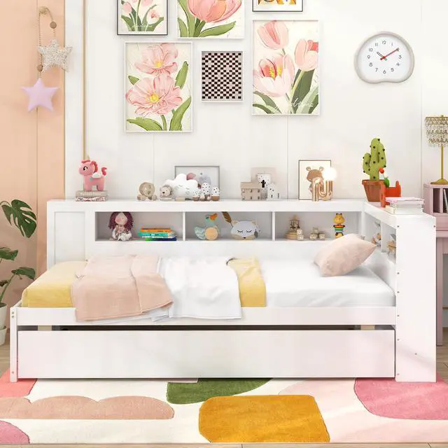 Alt view image 3 of 7 - SlickBlue Twin Size Daybed Platform Bed Frame with Trundle and Bedside Shelves-White