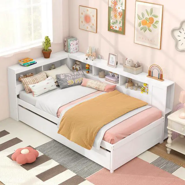 Alt view image 5 of 7 - SlickBlue Twin Size Daybed Platform Bed Frame with Trundle and Bedside Shelves-White