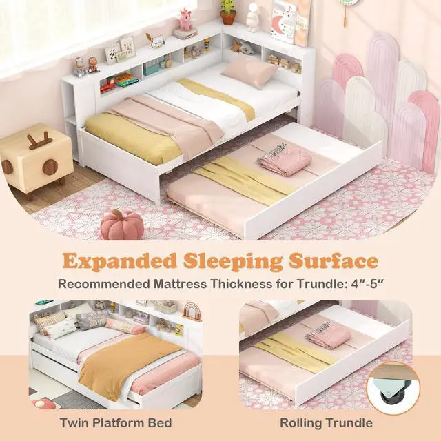 Alt view image 6 of 7 - SlickBlue Twin Size Daybed Platform Bed Frame with Trundle and Bedside Shelves-White
