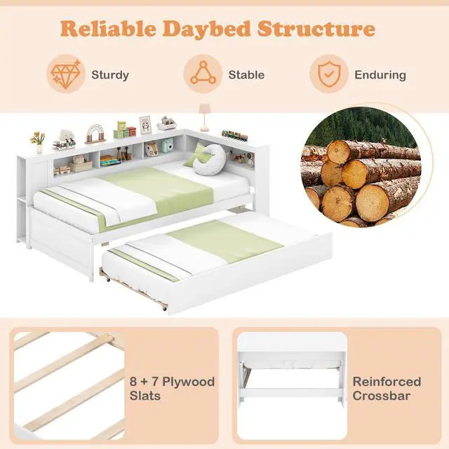 Alt view image 7 of 7 - SlickBlue Twin Size Daybed Platform Bed Frame with Trundle and Bedside Shelves-White